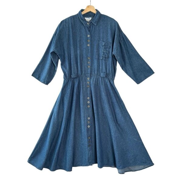 Bedford Fair Dresses & Skirts - 80s Vintage Bedford Fair Bracelet Sleeve Elastic Waist Denim Midi Dress Size L